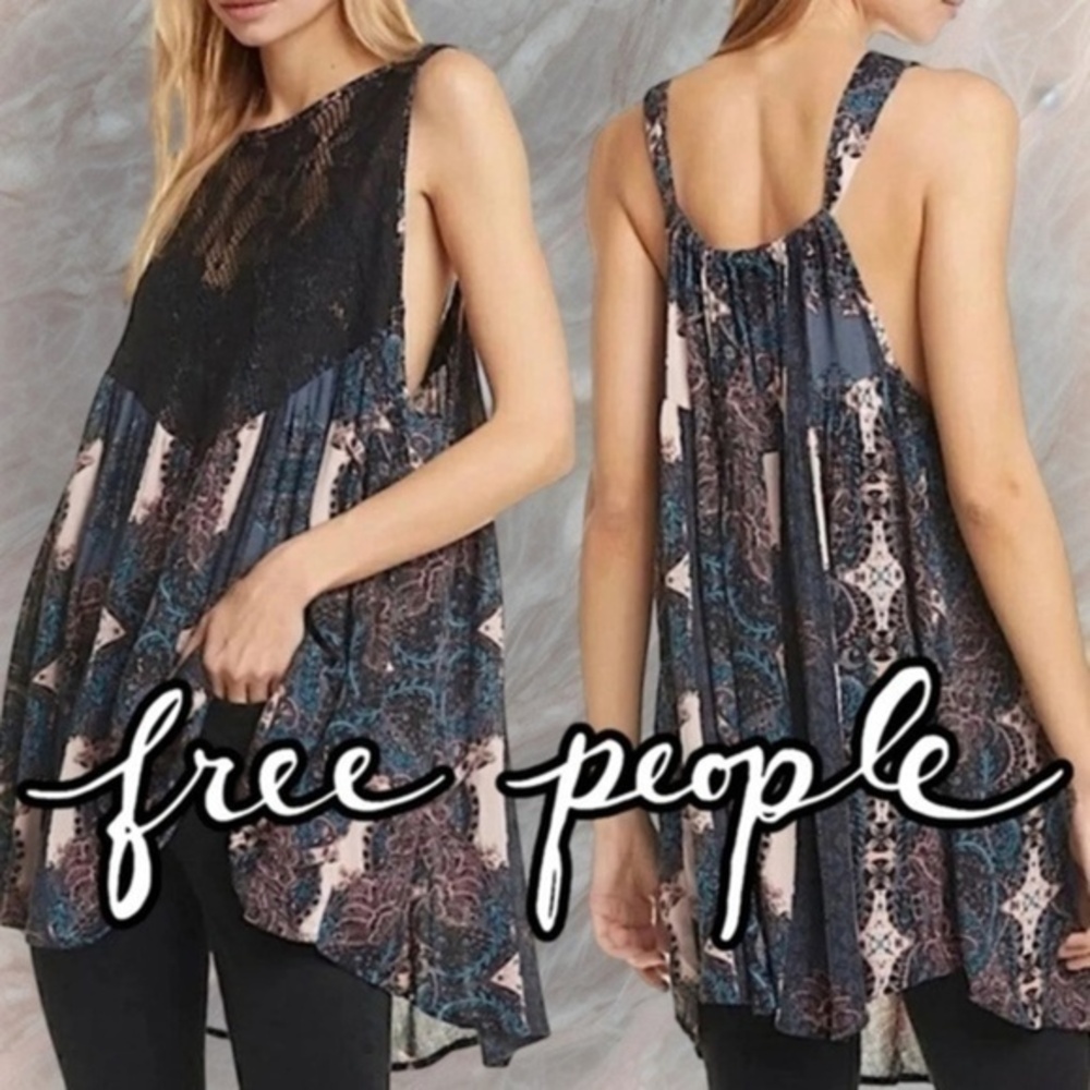 FREE PEOPLE Count Me In Lace-Front Relaxed Fit Flowy Paisley Print Tunic NWT